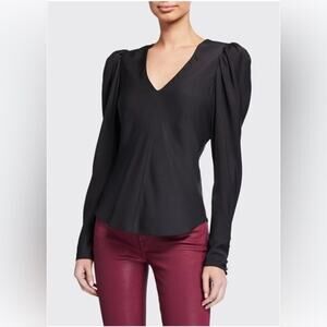 FRAME | 100% Silk Black Puff Sleeve V-Neck Blouse Top Noir NWT | Medium